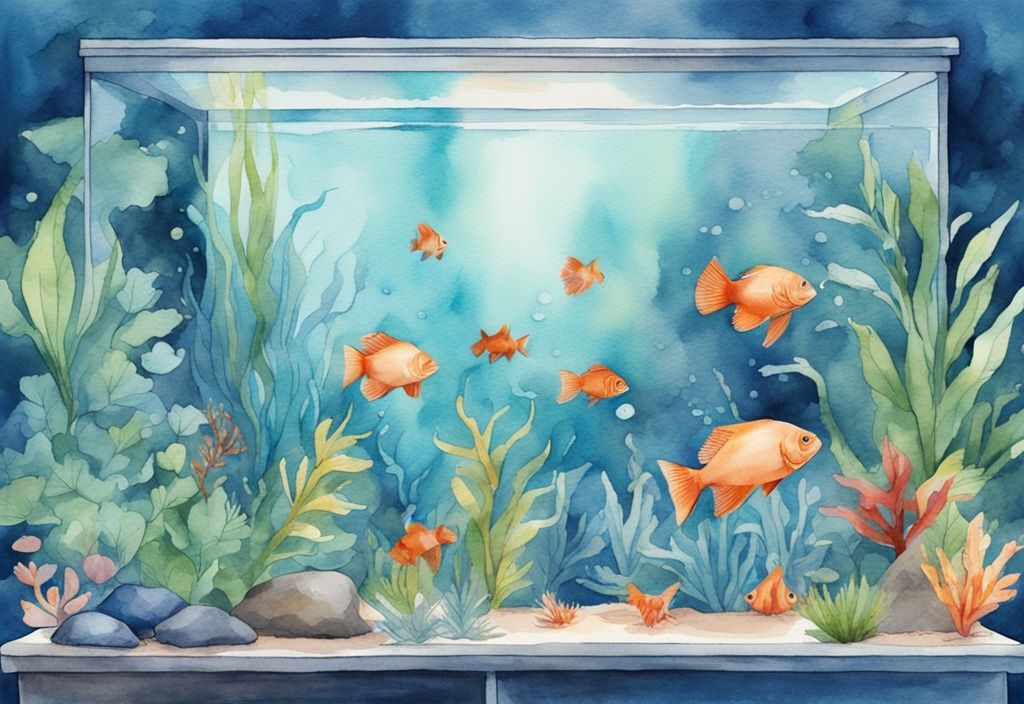 Illustration moderne en aquarelle d'un aquarium avec des plantes faciles à entretenir et des poissons colorés, thème bleu.