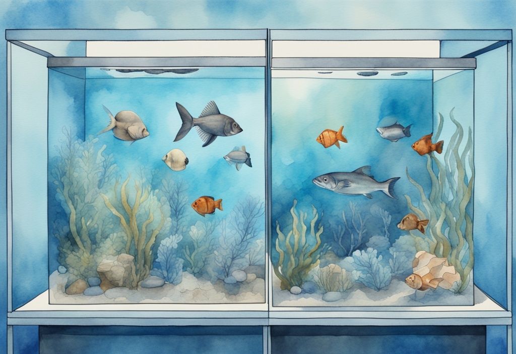 Illustration moderne en aquarelle avec des filtres d'aquarium disposés dans le bon ordre d'installation, thème bleu, dans quel ordre mettre les filtres aquarium.