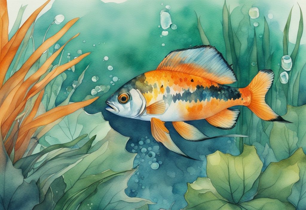 Illustration moderne aquarelle avec poisson d'eau douce orange et noir nageant à travers des plantes sous-marines émeraude dans un étang cristallin.