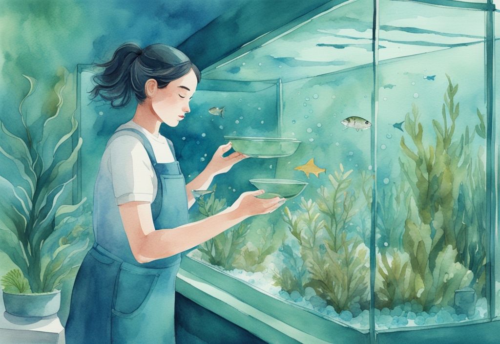 Illustration moderne en aquarelle avec une personne ajoutant du sel dans un aquarium vert rempli de poissons et de plantes sous-marines.