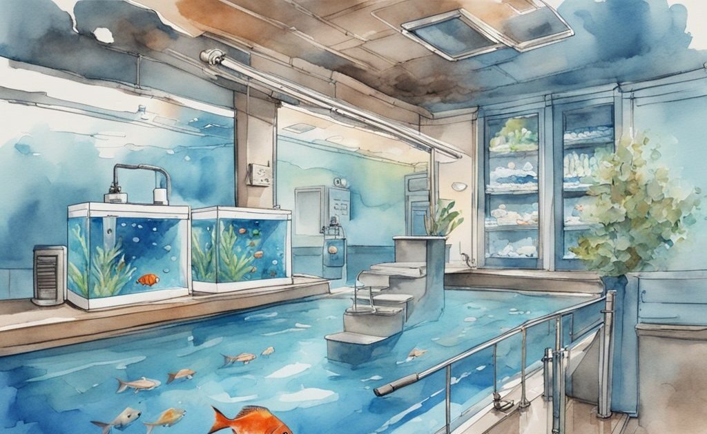 Illustration moderne en aquarelle avec un aquarium bleu, une pompe fonctionnelle circulant l'eau et des poissons en bonne santé, ma pompe d'aquarium n'aspire pas.