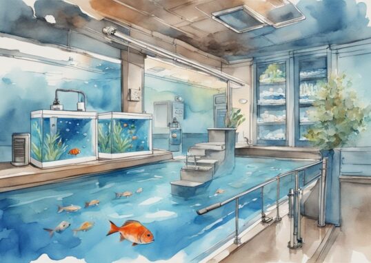 Illustration moderne en aquarelle avec un aquarium bleu, une pompe fonctionnelle circulant l'eau et des poissons en bonne santé, ma pompe d'aquarium n'aspire pas.