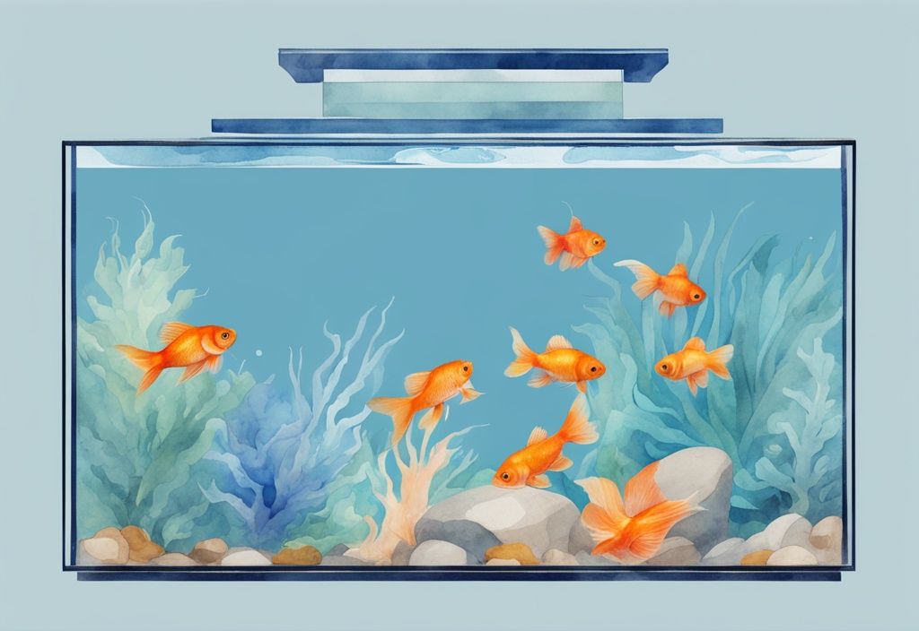 Illustration moderne d'un aquarium de 20 litres avec des poissons rouges nageant, thème bleu, aquarelle.