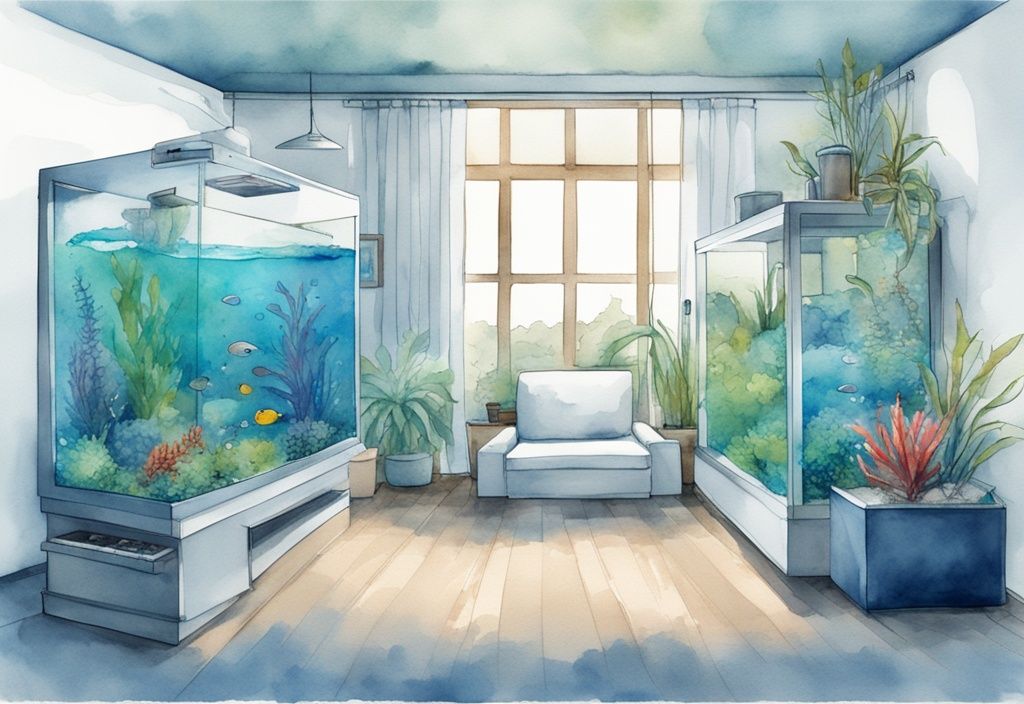 Illustration moderne en aquarelle d'un co2 aquarium maison avec des bulles de CO2, plantes aquatiques et poissons divers.