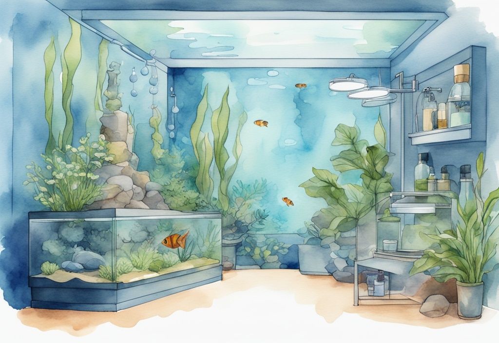 Illustration moderne en aquarelle d'un aquarium domestique avec système CO2 et plantes aquatiques luxuriantes, thème de couleur bleu.