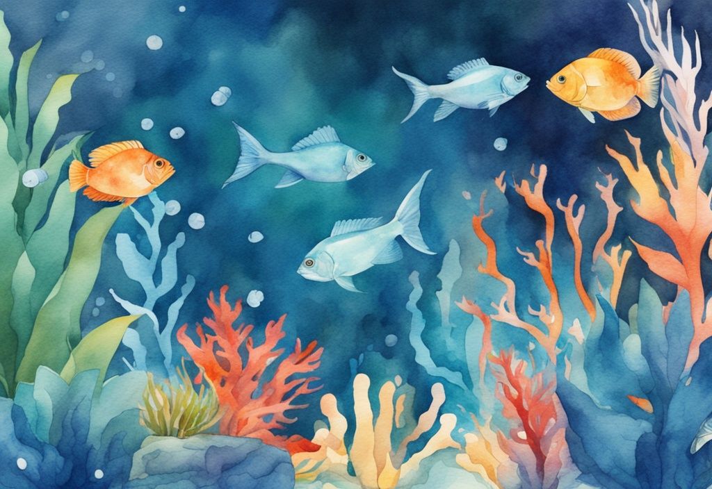 Illustration moderne en aquarelle avec des plantes d'aquarium vibrantes et faciles à entretenir, et des poissons colorés nageant dans un aquarium, thème bleu.