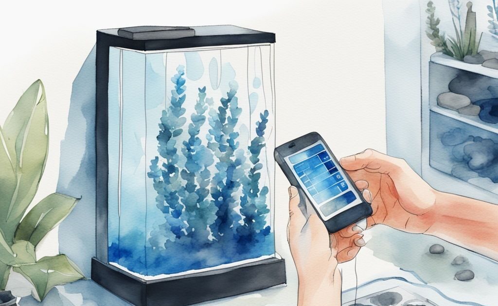 Illustration moderne en aquarelle bleue montrant une personne plaçant du charbon actif dans un filtre d'aquarium, avec un minuteur numérique affichant une durée en arrière-plan, charbon actif aquarium combien de temps.