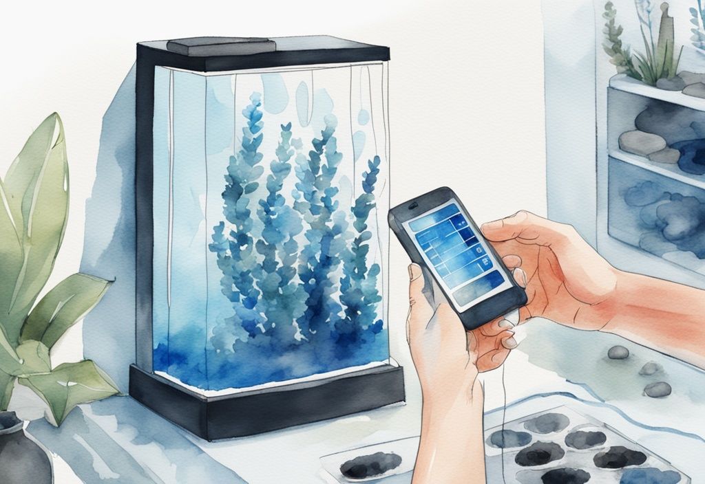 Illustration moderne en aquarelle bleue montrant une personne plaçant du charbon actif dans un filtre d'aquarium, avec un minuteur numérique affichant une durée en arrière-plan, charbon actif aquarium combien de temps.