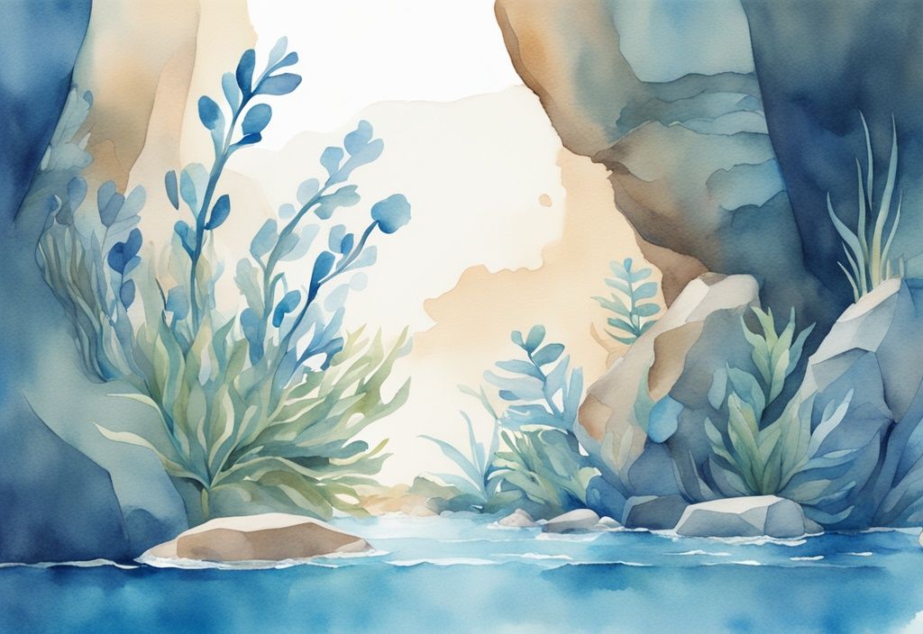 Illustration moderne en aquarelle avec des plantes flottantes d'aquarium vibrant au-dessus de l'eau cristalline, projetant des ombres sur les rochers et le sable en dessous.