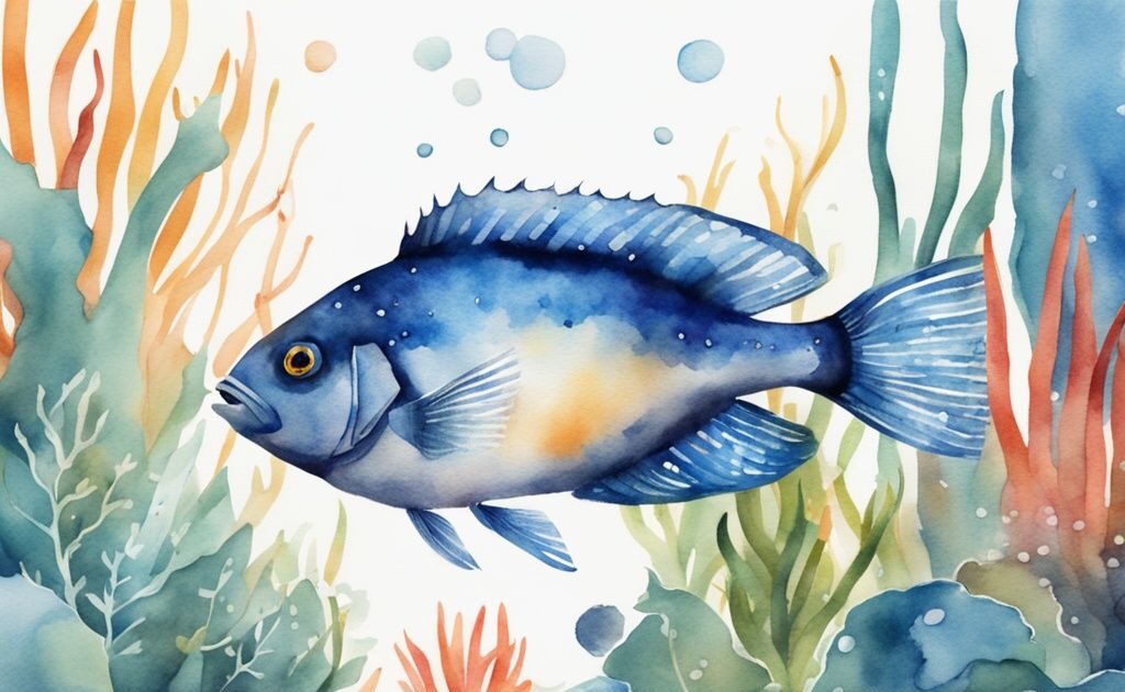 Illustration moderne en aquarelle de poissons plats colorés nageant dans un aquarium bien éclairé avec des plantes aquatiques vibrantes et des décorations.