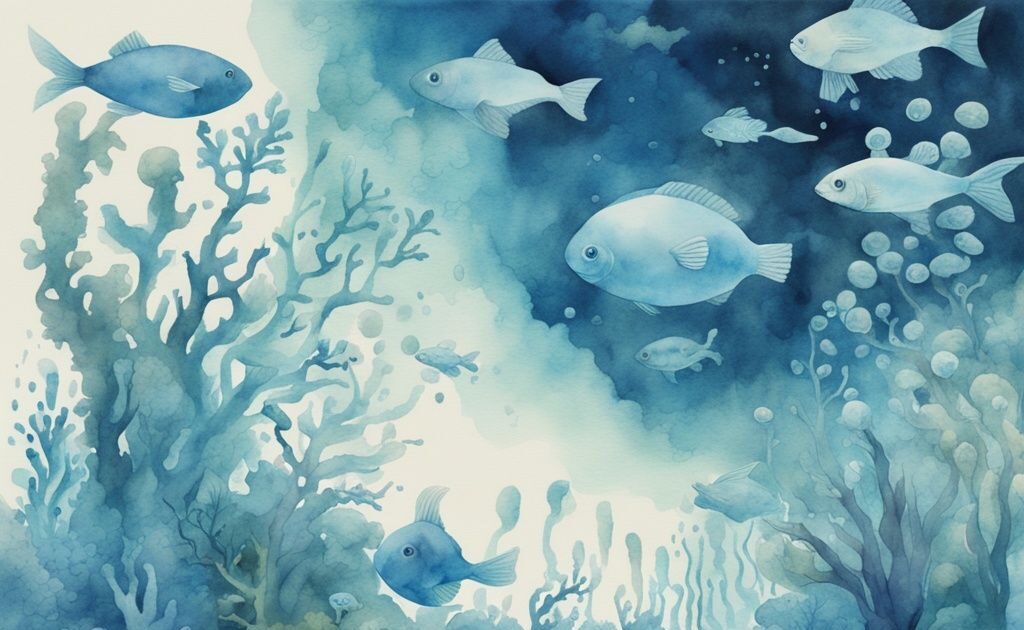 Illustration moderne en aquarelle bleue d'un aquarium prospère avec un nuage de bactéries, représentant le développement sur une longue période - bactérie aquarium combien de temps.