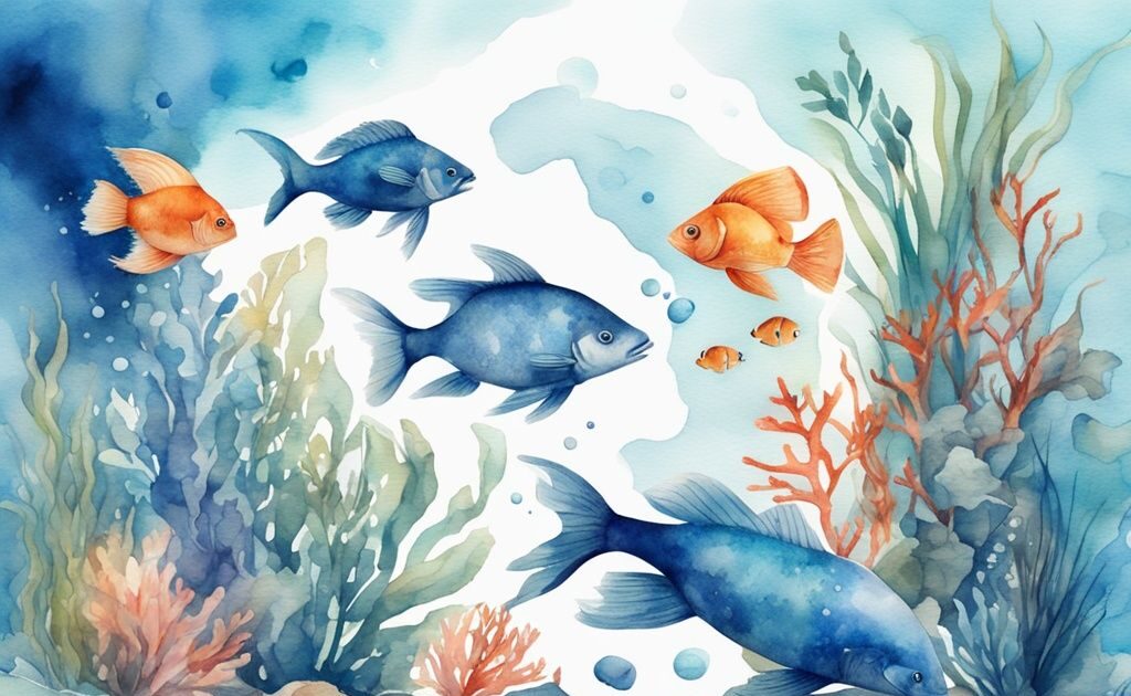 Illustration aquarelle moderne d'un aquarium d'eau blanche avec des poissons nageant parmi des plantes aquatiques vibrantes et des décorations de récif.