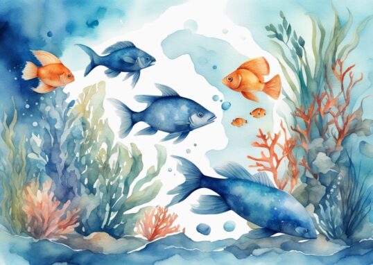 Illustration aquarelle moderne d'un aquarium d'eau blanche avec des poissons nageant parmi des plantes aquatiques vibrantes et des décorations de récif.