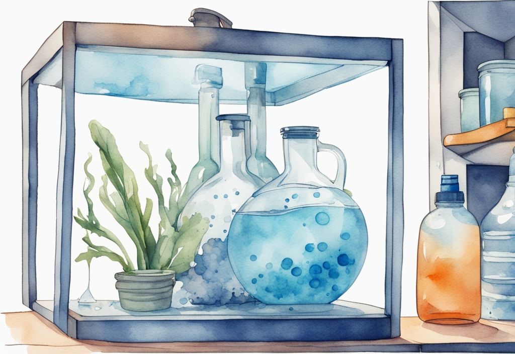 Illustration moderne en aquarelle avec un thème bleu montrant un aquarium vide et les outils pour nettoyer un aquarium vide, y compris une éponge, un gommage, un aspirateur et une bouteille de vinaigre.