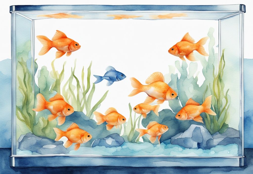 Illustration moderne en aquarelle d'un aquarium de 20 litres avec des poissons rouges nageant, thème de couleur bleue.