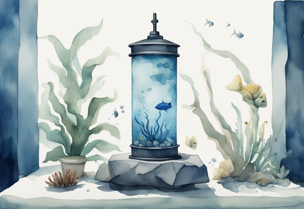 Illustration moderne en aquarelle d'un aquarium bleu avec pierre inwa et pompe ne fonctionne plus