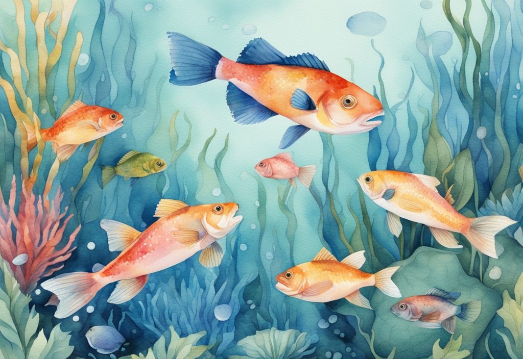 Illustration aquarelle moderne d'une scène sous-marine avec des poissons d'eau douce colorés nageant parmi des plantes aquatiques luxuriantes, thème bleu.