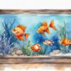 Illustration aquarelle moderne de poissons rares d'aquarium d'eau douce, nageant dans un aquarium décoré.