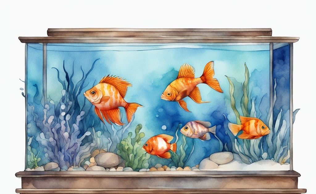 Illustration aquarelle moderne de poissons rares d'aquarium d'eau douce, nageant dans un aquarium décoré.