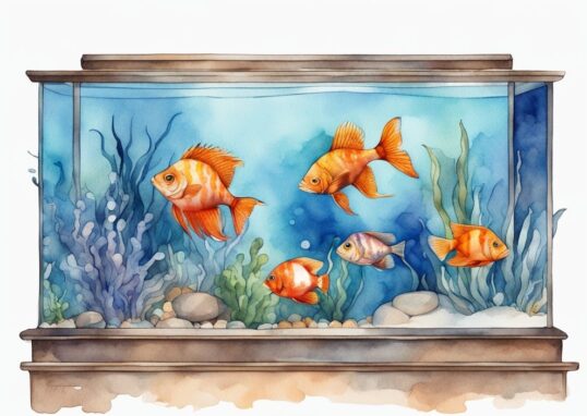 Illustration aquarelle moderne de poissons rares d'aquarium d'eau douce, nageant dans un aquarium décoré.