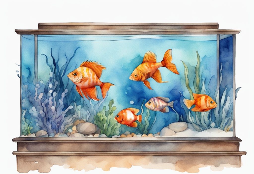 Illustration aquarelle moderne de poissons rares d'aquarium d'eau douce, nageant dans un aquarium décoré.