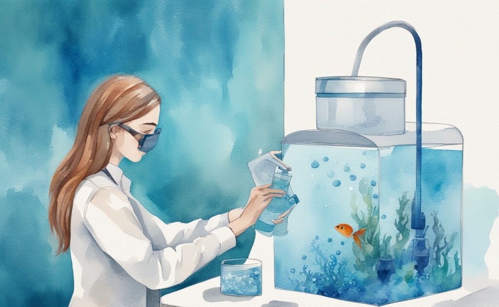 Illustration moderne en aquarelle montrant comment savoir si un aquarium est bien oxygéné avec une personne ajoutant une solution de test dans un aquarium et un tableau de comparaison des couleurs pour indiquer les niveaux d'oxygène.