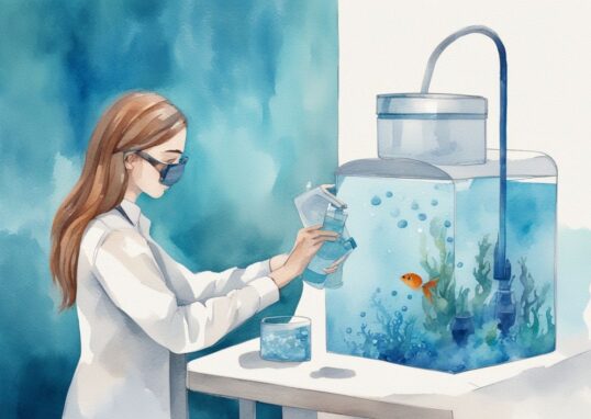 Illustration moderne en aquarelle montrant comment savoir si un aquarium est bien oxygéné avec une personne ajoutant une solution de test dans un aquarium et un tableau de comparaison des couleurs pour indiquer les niveaux d'oxygène.