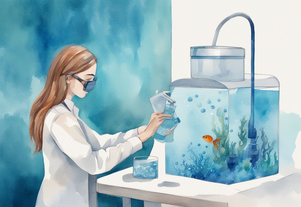 Illustration moderne en aquarelle montrant comment savoir si un aquarium est bien oxygéné avec une personne ajoutant une solution de test dans un aquarium et un tableau de comparaison des couleurs pour indiquer les niveaux d'oxygène.