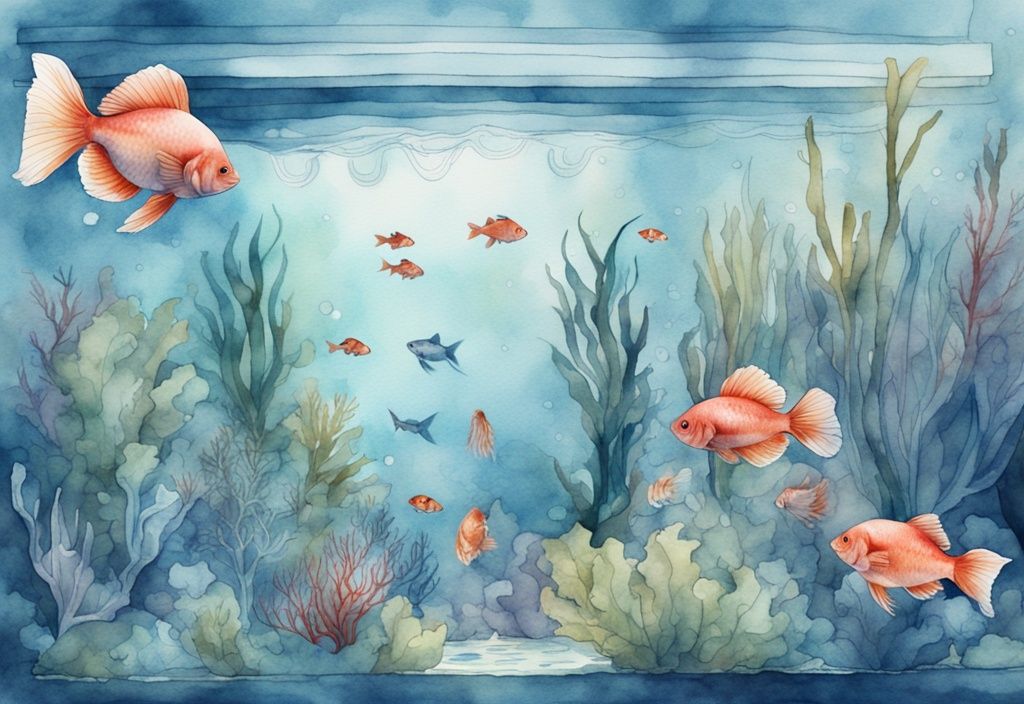 Illustration moderne en aquarelle d'un aquarium spacieux avec des plantes aquatiques et plusieurs femelles bettas nageant gracieusement, thème de couleur bleu.