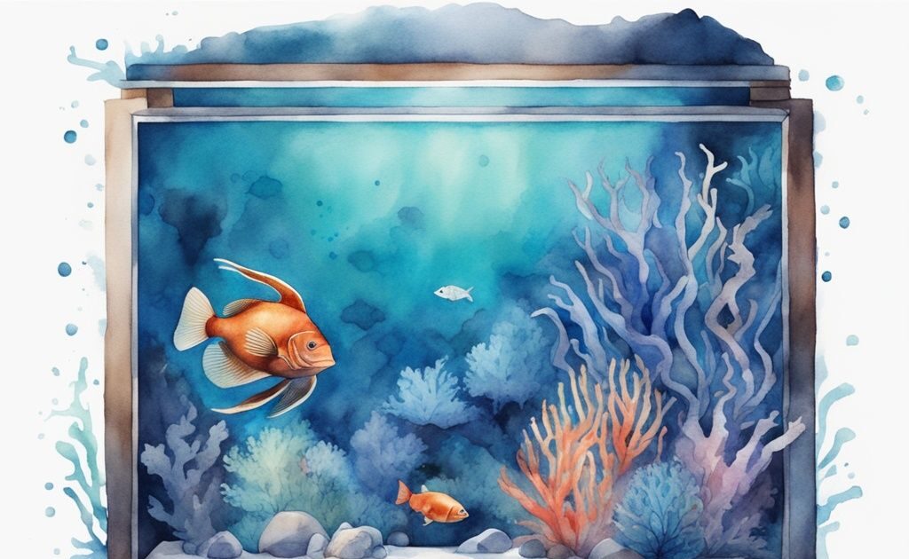 Illustration moderne aquarelle avec lumière bleu aquarium pourquoi, mettant en scène une variété de vie marine vibrante sous une lueur mystérieuse.