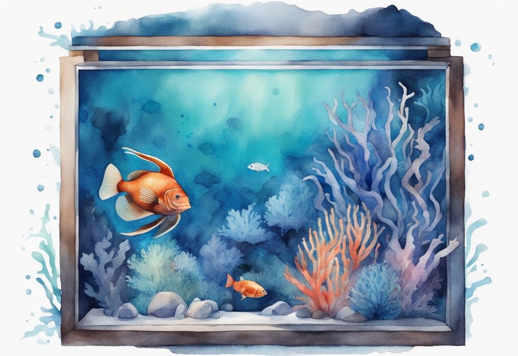 Illustration moderne aquarelle avec lumière bleu aquarium pourquoi, mettant en scène une variété de vie marine vibrante sous une lueur mystérieuse.