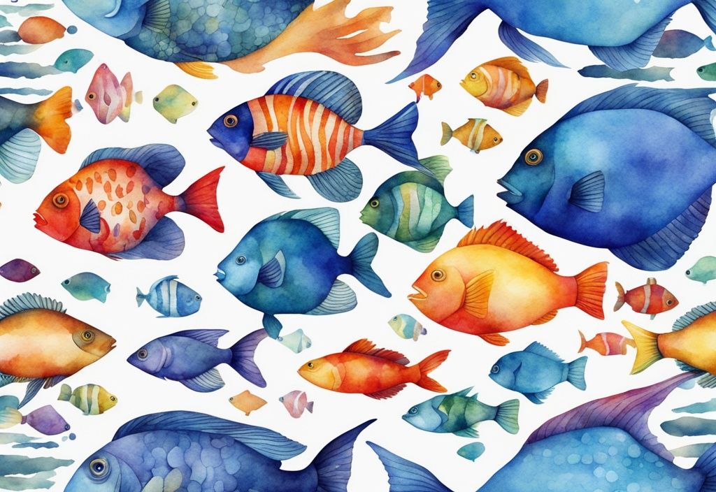 Illustration moderne en aquarelle avec des poissons ornementaux multicolores nageant parmi des décorations d'aquarium, thème principal bleu.