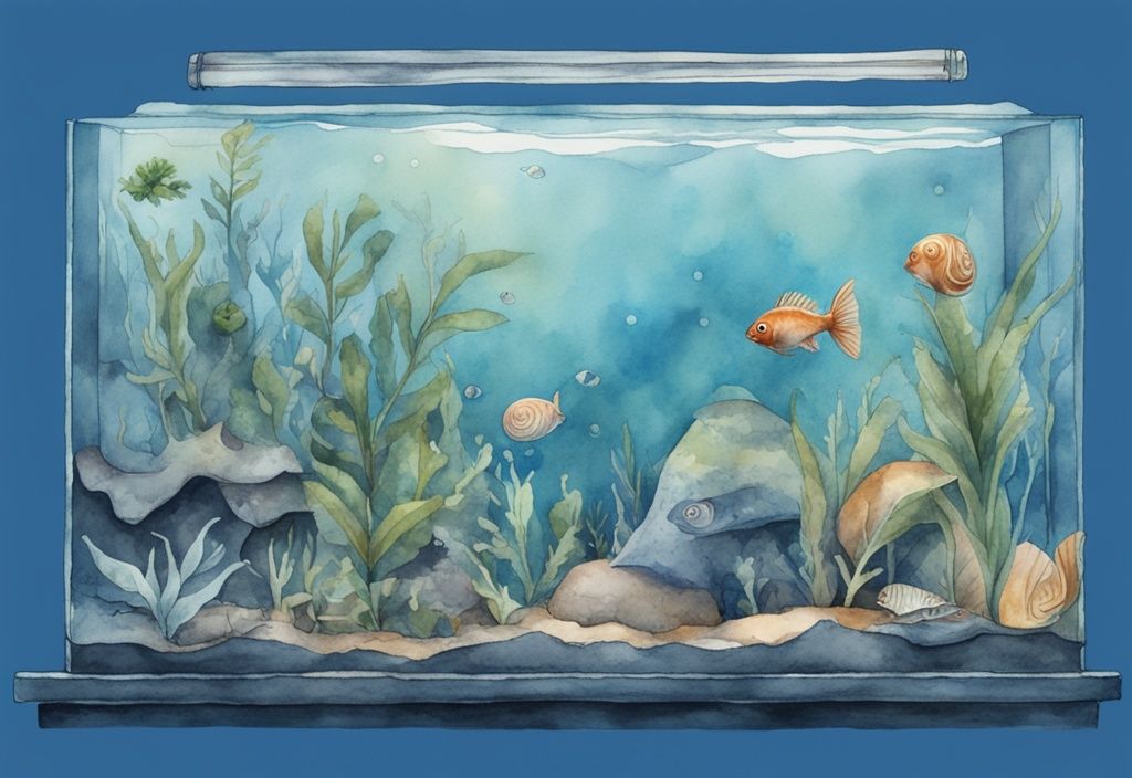 Illustration moderne en aquarelle d'un aquarium, côté gauche prospère avec plantes et poissons grâce à un escargot, côté droit trouble et malsain sans l'escargot, thème principal en bleu.