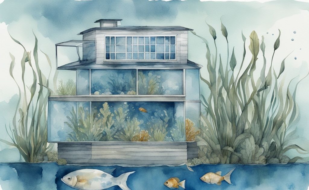 Illustration aquarelle moderne avec thème bleu, aquarium eau trouble après nettoyage, plantes aquatiques et poissons stressés.