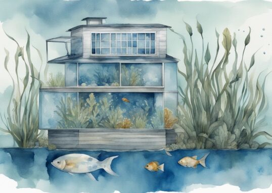 Illustration aquarelle moderne avec thème bleu, aquarium eau trouble après nettoyage, plantes aquatiques et poissons stressés.