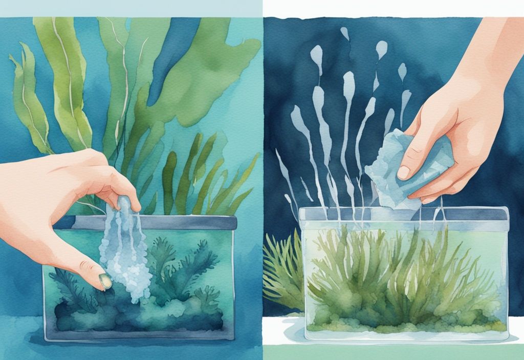 Illustration moderne en aquarelle de mains nettoyant un aquarium avec un grattoir à algues, montrant les sections avant et après nettoyage.