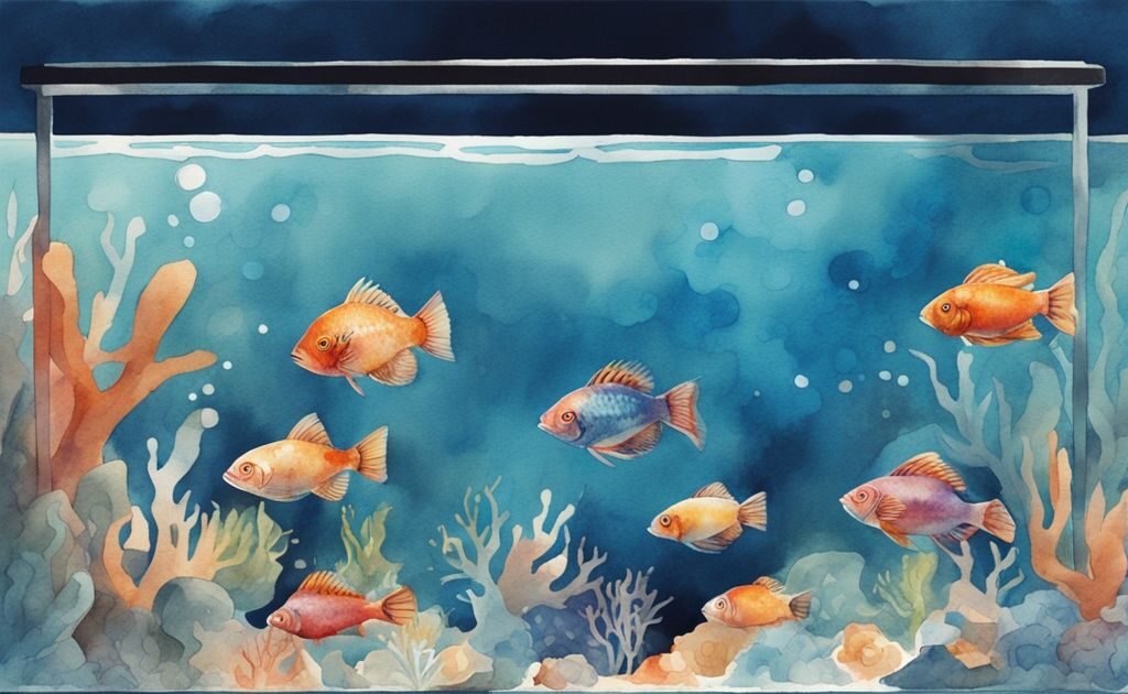 Illustration moderne en aquarelle avec poissons moches et colorés dans un aquarium bien éclairé.