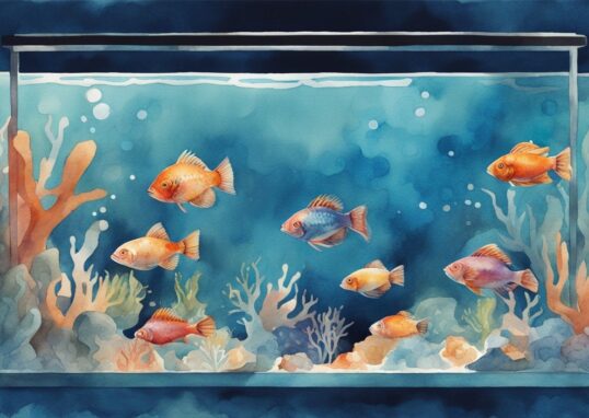 Illustration moderne en aquarelle avec poissons moches et colorés dans un aquarium bien éclairé.