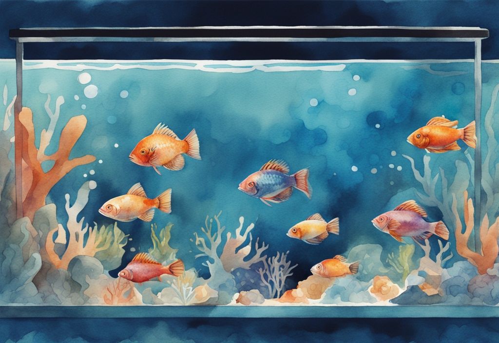 Illustration moderne en aquarelle avec poissons moches et colorés dans un aquarium bien éclairé.