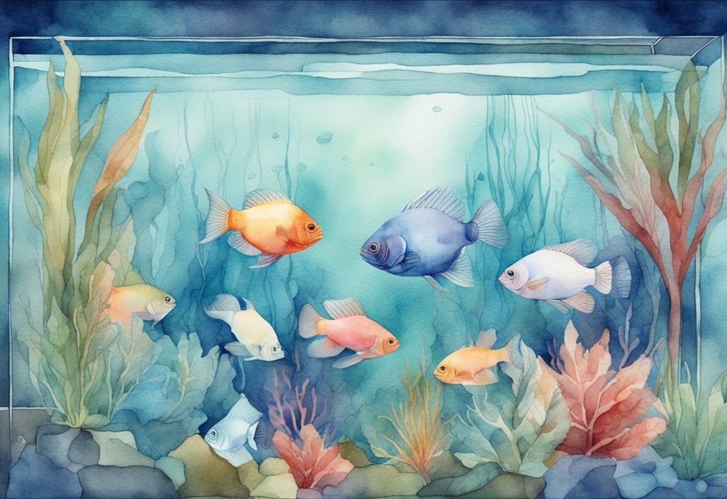 Illustration aquarelle moderne de gouramis colorés dans un aquarium luxuriant, thème bleu