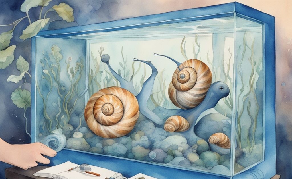 Illustration moderne en aquarelle bleue montrant des escargots dans un aquarium et des mains utilisant un piège à escargots pour les enlever, comment se débarrasser des escargots dans un aquarium.