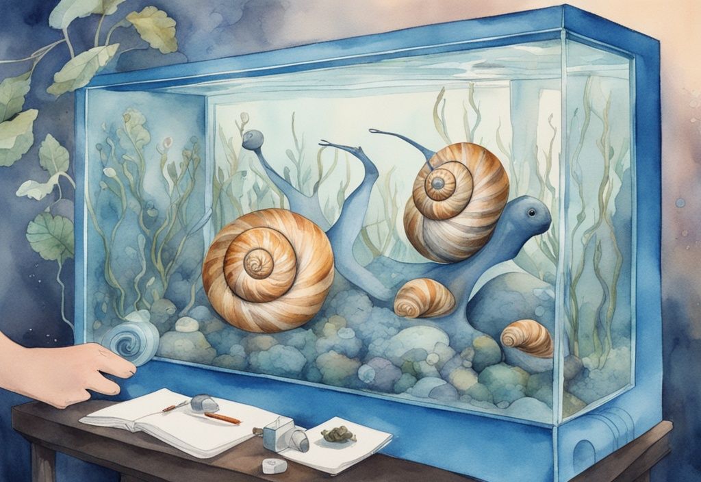 Illustration moderne en aquarelle bleue montrant des escargots dans un aquarium et des mains utilisant un piège à escargots pour les enlever, comment se débarrasser des escargots dans un aquarium.