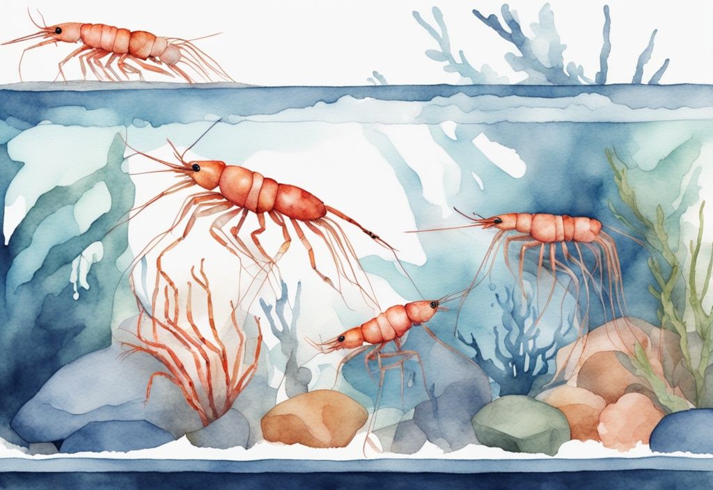 Illustration moderne en aquarelle de crevettes diverses nageant dans un aquarium transparent de 30 litres, thème principal bleu