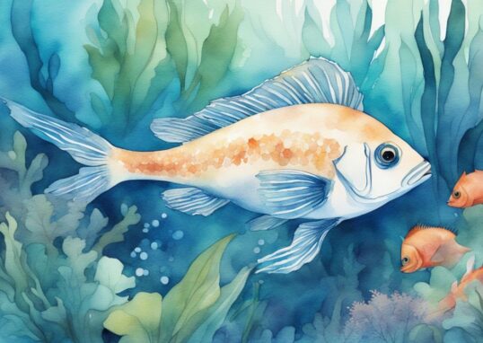 Illustration aquarelle moderne d'un poisson bleu vibrant nageant parmi des plantes sous-marines luxuriantes dans un aquarium bien entretenu.