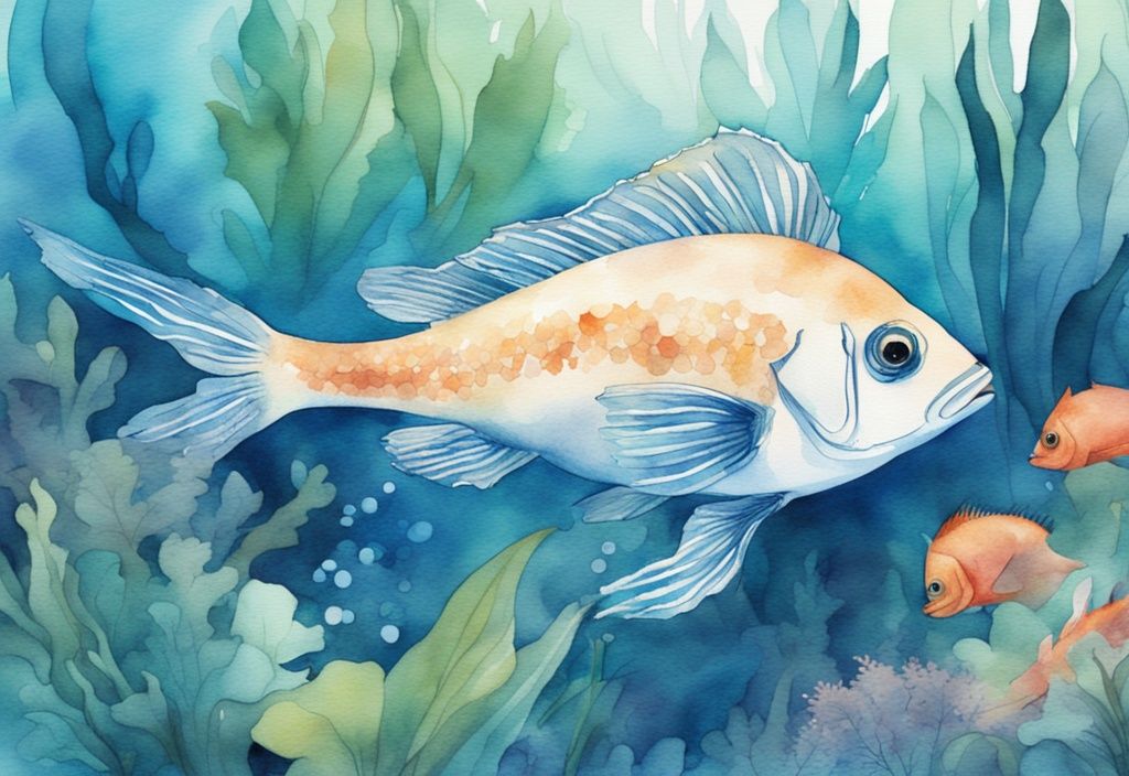 Illustration aquarelle moderne d'un poisson bleu vibrant nageant parmi des plantes sous-marines luxuriantes dans un aquarium bien entretenu.