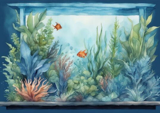 Illustration aquarelle moderne d'un écosystème sous-marin avec des plantes faciles aquarium luxuriantes et vibrantes, thème bleu.