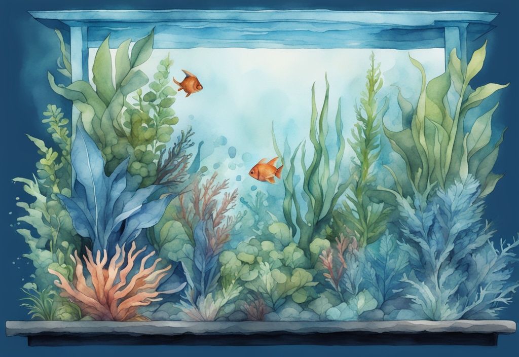 Illustration aquarelle moderne d'un écosystème sous-marin avec des plantes faciles aquarium luxuriantes et vibrantes, thème bleu.