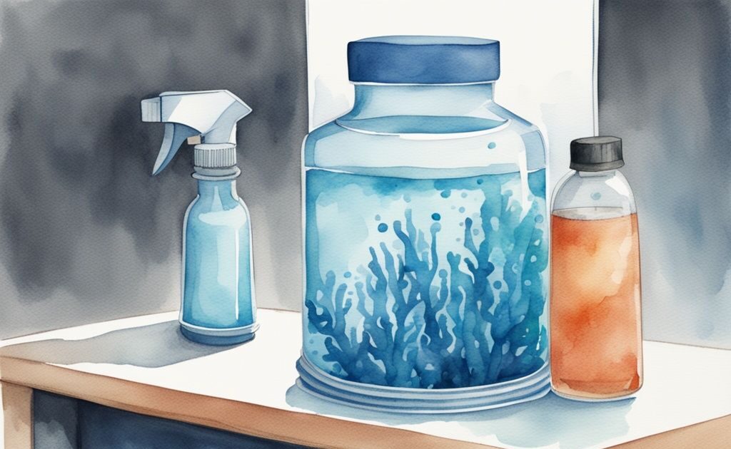 Illustration moderne en aquarelle montrant comment nettoyer un aquarium vide avec une éponge, un gommage, un aspirateur et une bouteille de vinaigre.