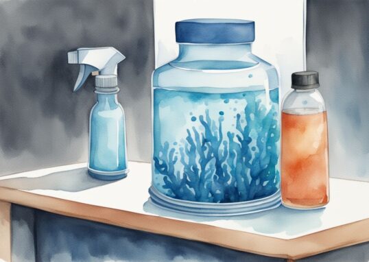 Illustration moderne en aquarelle montrant comment nettoyer un aquarium vide avec une éponge, un gommage, un aspirateur et une bouteille de vinaigre.