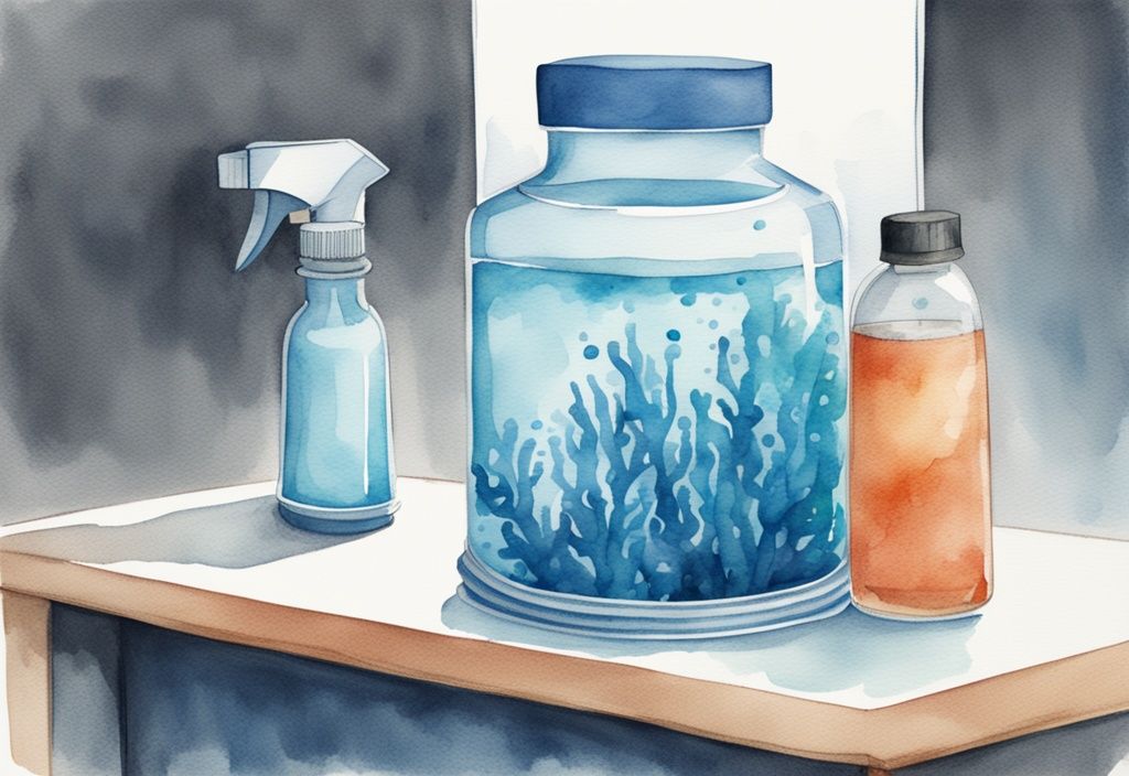 Illustration moderne en aquarelle montrant comment nettoyer un aquarium vide avec une éponge, un gommage, un aspirateur et une bouteille de vinaigre.